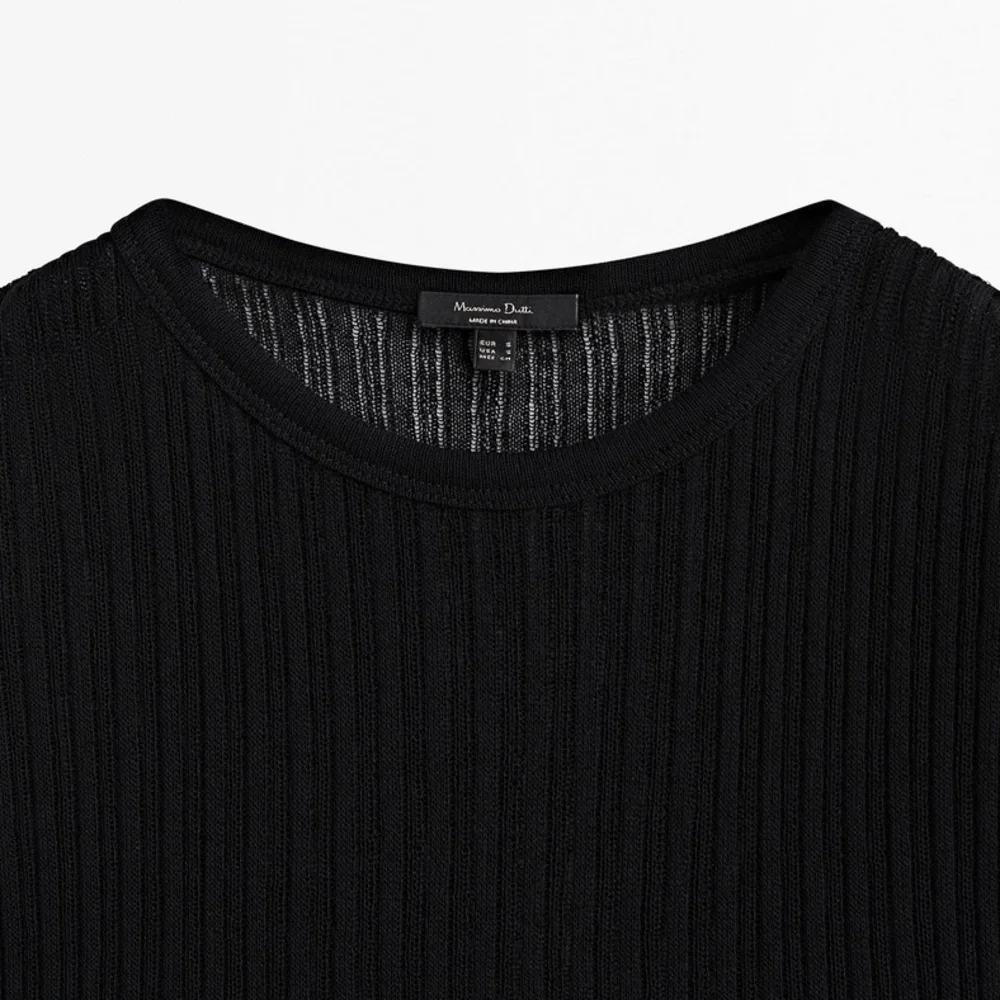 Massimo Dutti Open Knit Ribbed Crew Neck Black Top Size L NWT - Picture 3 of 11